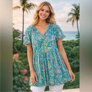 Lilly Pulitzer Flowy Tunic Top Medium Blue Pink Tropical Print